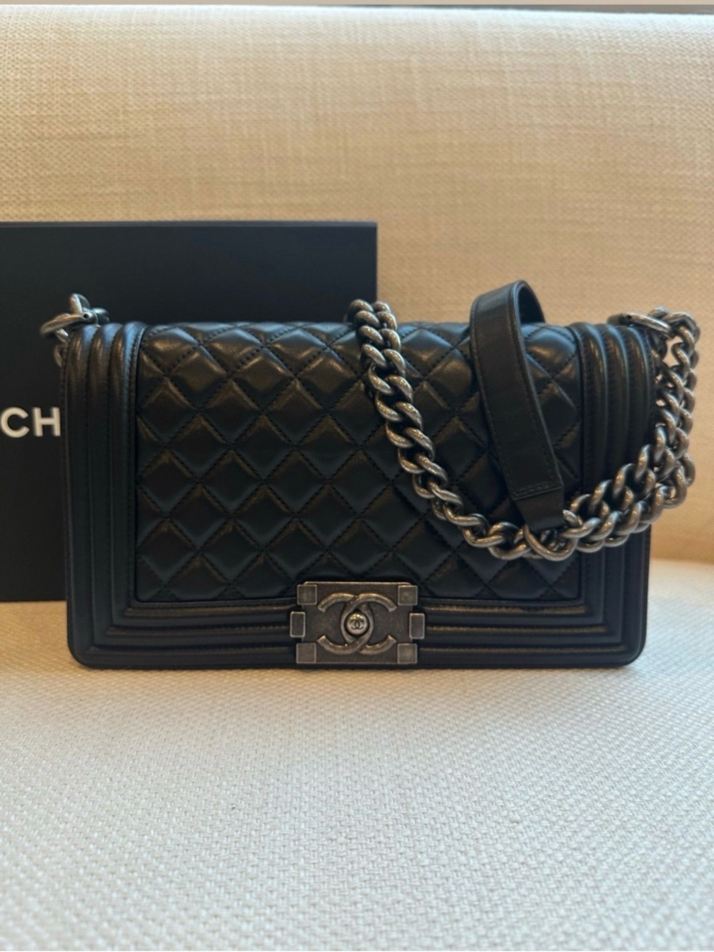 CHANEL Black Quilted Boy Flap Shoulder Bag with Silver-Tone Chain